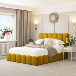 "Bed Choices Mayfair Upholstered Bubble Bed Frame with 54"" Headboard & Ottoman Storage in Mustard - Size: Small Double" - thumbnail 1