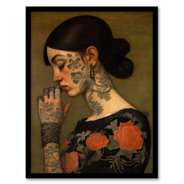 Wee Blue Coo Wall Art Print Dare To Be Different Tattooed Female Living Room Framed in Brown - Size: A4 - image 1