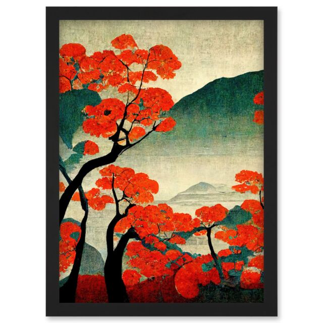 Artery8 Modern Japan Red Maple Trees On Hillside Artwork Framed Wall Art Print A4 in Black - image 1