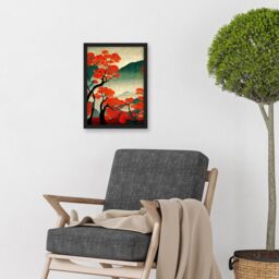 Artery8 Modern Japan Red Maple Trees On Hillside Artwork Framed Wall Art Print A4 in Black - thumbnail 2