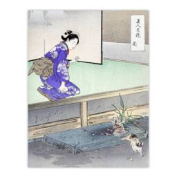 "Artery8 Orchid Broken Plant Pot & Cat Japan Wall Art Print Ogata Gekko in Purple - Size: W18"" x H24""" - thumbnail 1