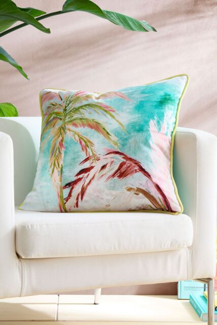 Appletree 'Leilani' Tropical Palm Leaf Print Velvet Filled Cushion in Green - Size: 55 cm x 55 cm - image 1
