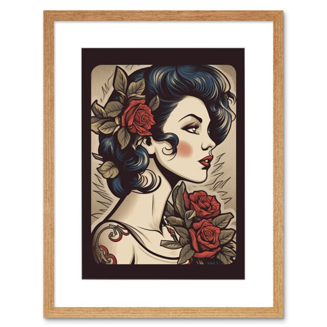 "Artery8 Wall Art Print Pin Up Tattoo Ink Body Art Floral Retro Rockabilly Americana 50s Artwork Framed 9X7 Inch in Beige - Size: W7"" x H9""" - image 1
