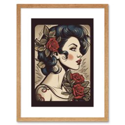 "Artery8 Wall Art Print Pin Up Tattoo Ink Body Art Floral Retro Rockabilly Americana 50s Artwork Framed 9X7 Inch in Beige - Size: W7"" x H9""" - thumbnail 1