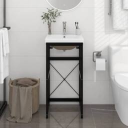 Berkfield Home Elegant Bathroom Washbasin Frame with Built-in Basin Black Iron - thumbnail 2