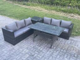 Fimous PE Wicker Outdoor Garden Furniture Set Patio Rattan Rectangular Dining Table Sofa Side Table 6 Seater in Dark Grey - thumbnail 2