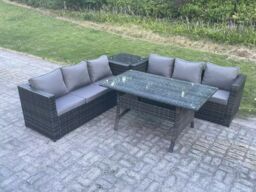 Fimous PE Wicker Outdoor Garden Furniture Set Patio Rattan Rectangular Dining Table Sofa Side Table 6 Seater in Dark Grey - thumbnail 1