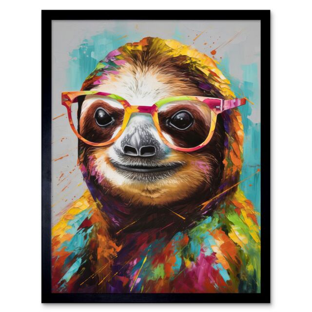 "Artery8 Wall Art Print Colourful Sloth with Glasses Modern Folk Art Framed in Black - Size: W12"" x H16""" - image 1