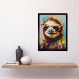 "Artery8 Wall Art Print Colourful Sloth with Glasses Modern Folk Art Framed in Black - Size: W12"" x H16""" - thumbnail 2