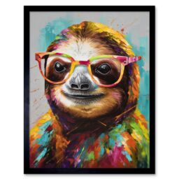 "Artery8 Wall Art Print Colourful Sloth with Glasses Modern Folk Art Framed in Black - Size: W12"" x H16""" - thumbnail 1
