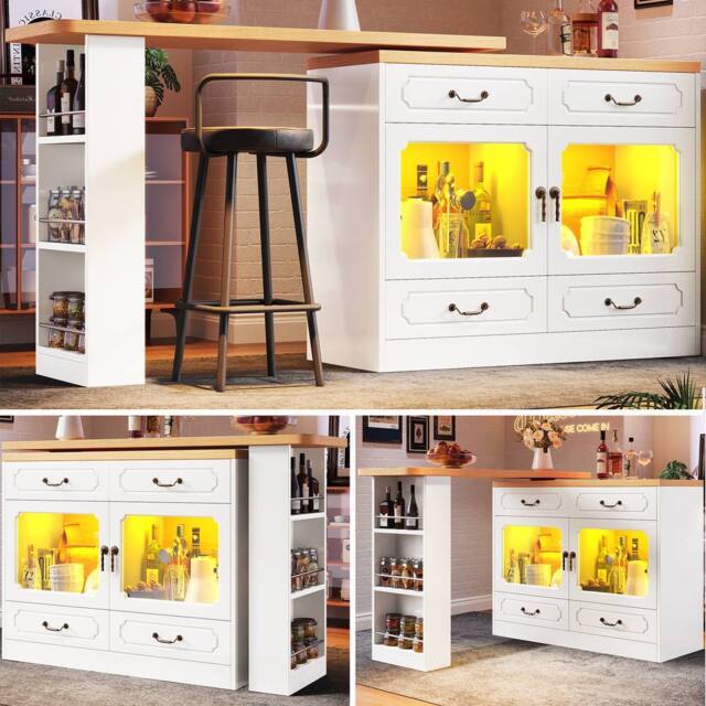 BTM 360 Rotating Bar Table Kitchen Island Storage Cabinet Drawers Rack in White - image 1