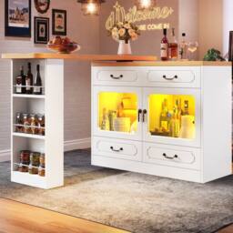 BTM 360 Rotating Bar Table Kitchen Island Storage Cabinet Drawers Rack in White - thumbnail 3