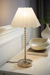 ValueLights Maeve White Scallop Pleated Taper Shade Brushed Chrome Bobbin Bobbles Table Lamp in Silver - thumbnail 1