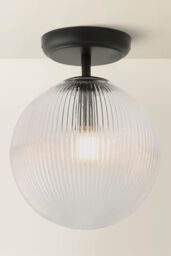 ValueLights Kempton Ribbed Glass Globe Shade Flush Ceiling Light in Black - thumbnail 3