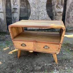 Serenityy Natural Round TV Stand with 2 Drawers - Upcycled Teak in Light Oak - thumbnail 1