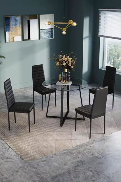 Living and Home 5-Piece Dining Table Set of 4 Faux Leather Dining Chairs and Tempered Glass Round Table in Black - image 1
