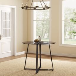 Living and Home 5-Piece Dining Table Set of 4 Faux Leather Dining Chairs and Tempered Glass Round Table in Black - thumbnail 3