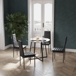 Living and Home 5-Piece Dining Table Set of 4 Faux Leather Dining Chairs and Tempered Glass Round Table in Black - thumbnail 2