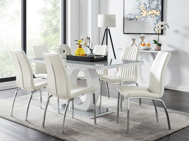 FurnitureboxUK Giovani 6-Seater Grey Glass Dining Table & 6 Isco Faux Leather Dining Chairs in White