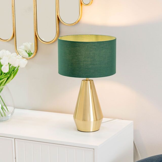 ValueLights Jax Antique Brass Dimmable Touch Table Lamp with Fabric Drum Shade with LED Bulb in Bottle Green - image 1