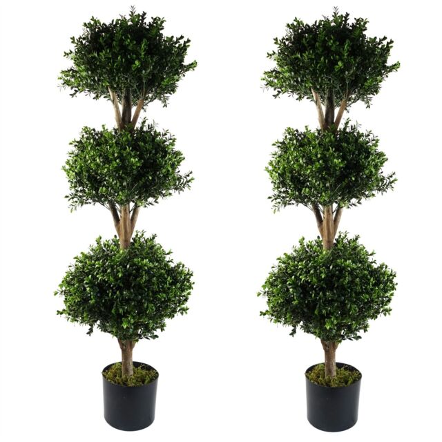 Leaf 120cm Pair of Buxus Triple Ball Artificial Tree UV Resistant Outdoor Topiary in Green - image 1