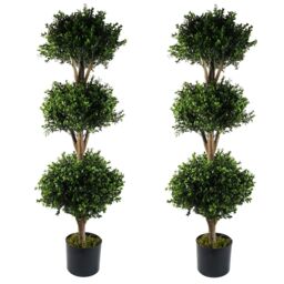 Leaf 120cm Pair of Buxus Triple Ball Artificial Tree UV Resistant Outdoor Topiary in Green - thumbnail 1