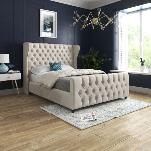 Casani Donati Straight Curved Top Upholstered Soft Velvet Bed Frame in Cream - Size: Small Double - image 1