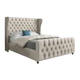 Casani Donati Straight Curved Top Upholstered Soft Velvet Bed Frame in Cream - Size: Small Double - thumbnail 5