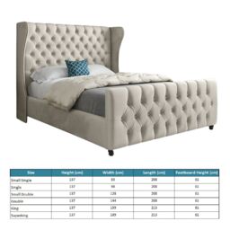 Casani Donati Straight Curved Top Upholstered Soft Velvet Bed Frame in Cream - Size: Small Double - thumbnail 4