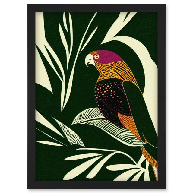 Artery8 Green Orange Pink Cream Modern Vintage Tropical Plant Leaves with Bird Artwork Framed Wall Art Print A4 in Black - image 1