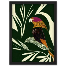 Artery8 Green Orange Pink Cream Modern Vintage Tropical Plant Leaves with Bird Artwork Framed Wall Art Print A4 in Black - thumbnail 1