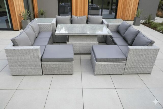 Fimous 11 Seater PE Rattan Garden Funiture Set Adjustable Rising Lifting Table Sofa Dining Set with 2 Side Tables in Light Grey - image 1