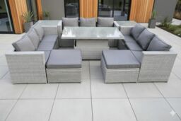 Fimous 11 Seater PE Rattan Garden Funiture Set Adjustable Rising Lifting Table Sofa Dining Set with 2 Side Tables in Light Grey - thumbnail 1