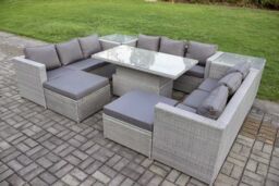 Fimous 11 Seater PE Rattan Garden Funiture Set Adjustable Rising Lifting Table Sofa Dining Set with 2 Side Tables in Light Grey - thumbnail 2