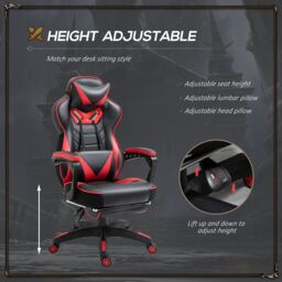 VINSETTO Racing Chair Recliner with Wheels, Pillow, Retractable Footrest Home Office in Red - thumbnail 4