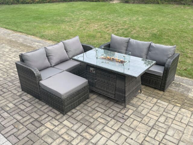 Fimous Rattan Garden Furniture Set with Fire Pit Table 7 Seater Outdoor Patio Lounge Sofa Set Dark Grey Mixed - image 1
