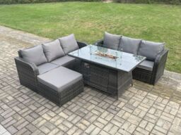 Fimous Rattan Garden Furniture Set with Fire Pit Table 7 Seater Outdoor Patio Lounge Sofa Set Dark Grey Mixed - thumbnail 1
