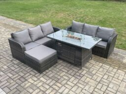 Fimous Rattan Garden Furniture Set with Fire Pit Table 7 Seater Outdoor Patio Lounge Sofa Set Dark Grey Mixed - thumbnail 3