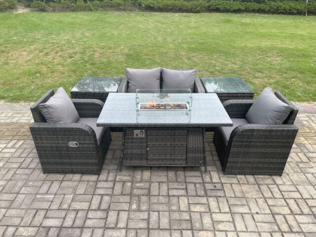 Fimous Rattan Outdoor Garden Furniture Set Gas Fire Pit Dining Table with 2 Side Tables Chair Loveseat Sofa in Dark Grey - image 1