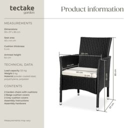 tectake Garden Chairs Set Of 2 Nantes in Black - Size: 2 Seater - thumbnail 6