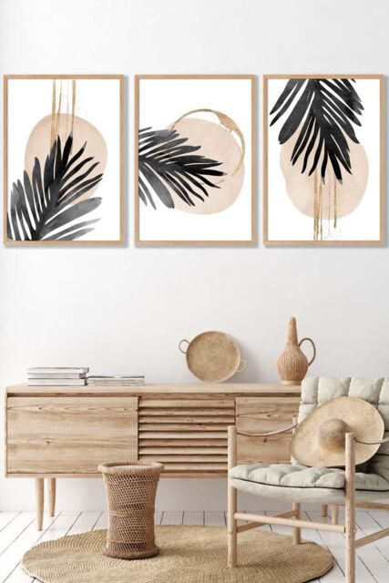 ARTZE Set of 3 Oak Framed Abstract Watercolour Black Palm Leaves Wall Art - Size: W33 cm x H45 cm x D20mm - image 1