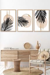 ARTZE Set of 3 Oak Framed Abstract Watercolour Black Palm Leaves Wall Art - Size: W33 cm x H45 cm x D20mm - thumbnail 1