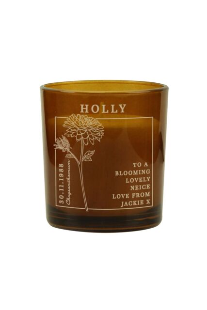 Personalised Memento Company Personalised November Birth Flower Amber Glass Candle - image 1