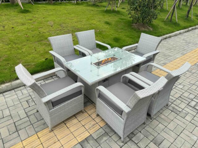 Fimous Rattan Outdoor Garden furniture Set Gas Fire Pit Table & 6 Chairs Set in Light Grey
