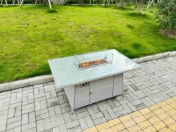 Fimous Rattan Outdoor Garden furniture Set Gas Fire Pit Table & 6 Chairs Set in Light Grey - thumbnail 4