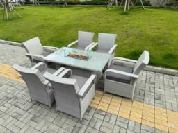 Fimous Rattan Outdoor Garden furniture Set Gas Fire Pit Table & 6 Chairs Set in Light Grey - thumbnail 2