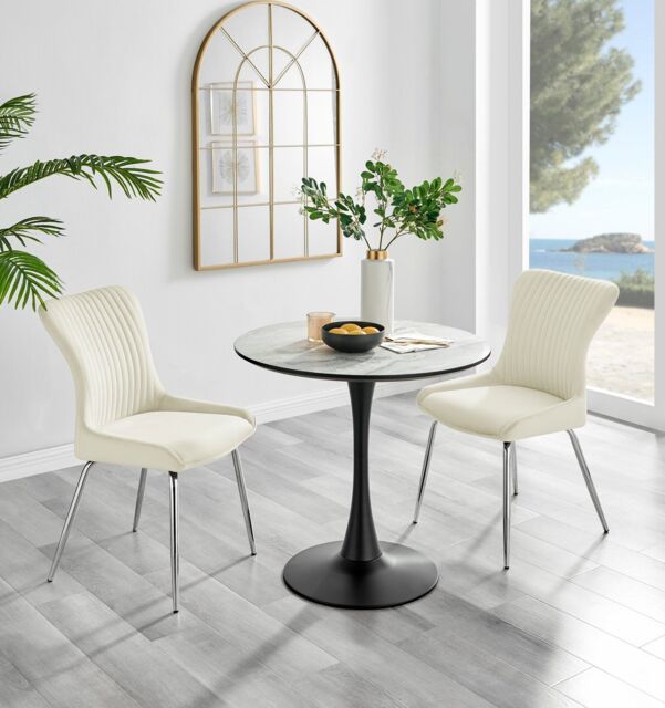 FurnitureboxUK Elina White Marble Effect Scratch Resistant Dining Table & 2 Nora Silver Leg Velvet Chairs in Cream - image 1
