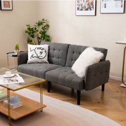 Gymax 164 CM Convertible Futon Sofa Bed Couch Loveseat With Tufted Backrests in Grey - thumbnail 2