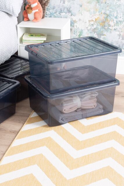 Wham Crystal 5 x 45L Stackable Plastic Storage Boxes with Lids in Black - image 1
