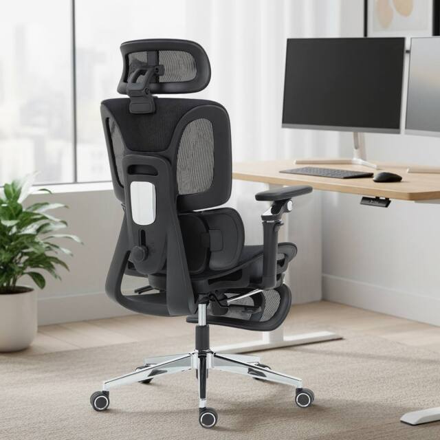 HOMCOM Ergonomic Office Chair, Mesh Desk Chair with Lumbar Support, Footrest in Black - image 1
